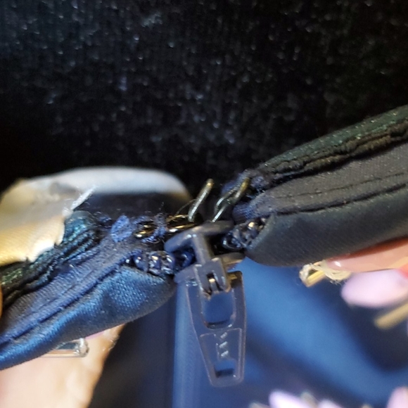 Size 8 2 piece beaded navy satin Aline prom dress with pockets by Rachel Allan - Picture 10 of 13